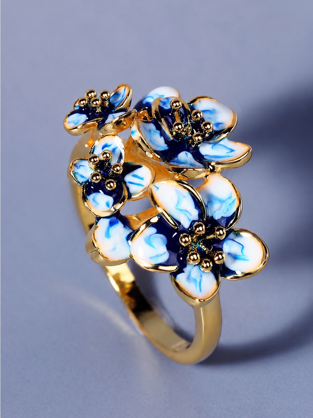 925 Silver Creative Blue Flower Enamel Epoxy Zircon Ring - Picture 6 of 8